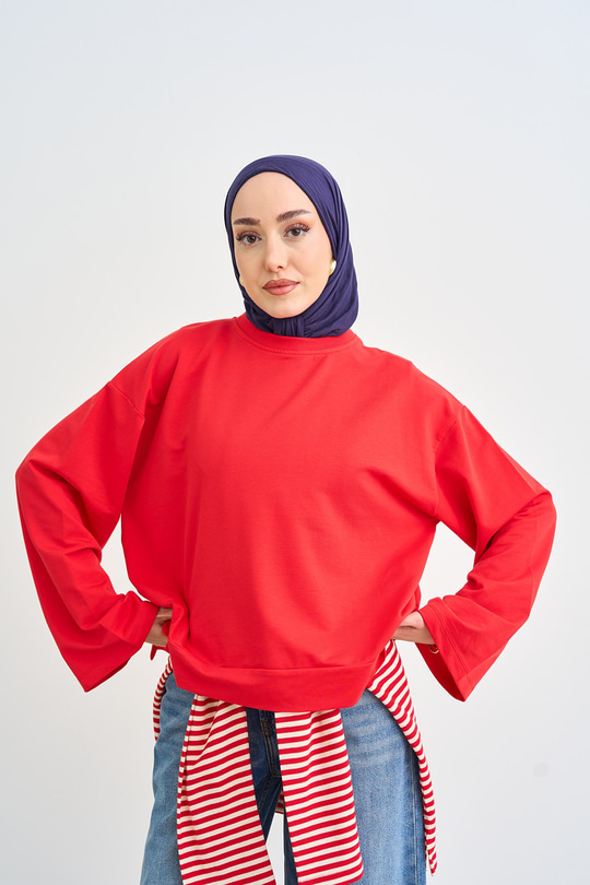 Bisiklet Yaka Sweatshirt Kırmızı