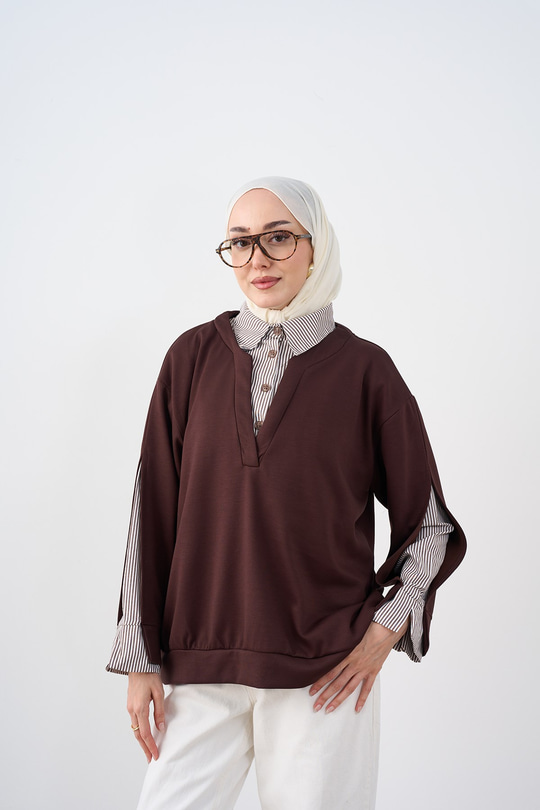 Gömlek Yaka Çizgi Detay Sweatshirt Kahverengi