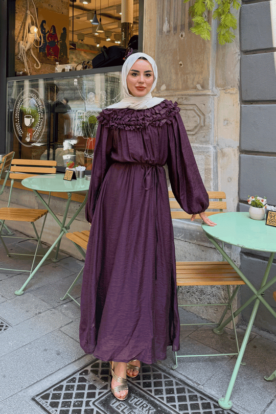 Önü Fırfır Detay Bel Bağlamalı Elbise Mürdüm