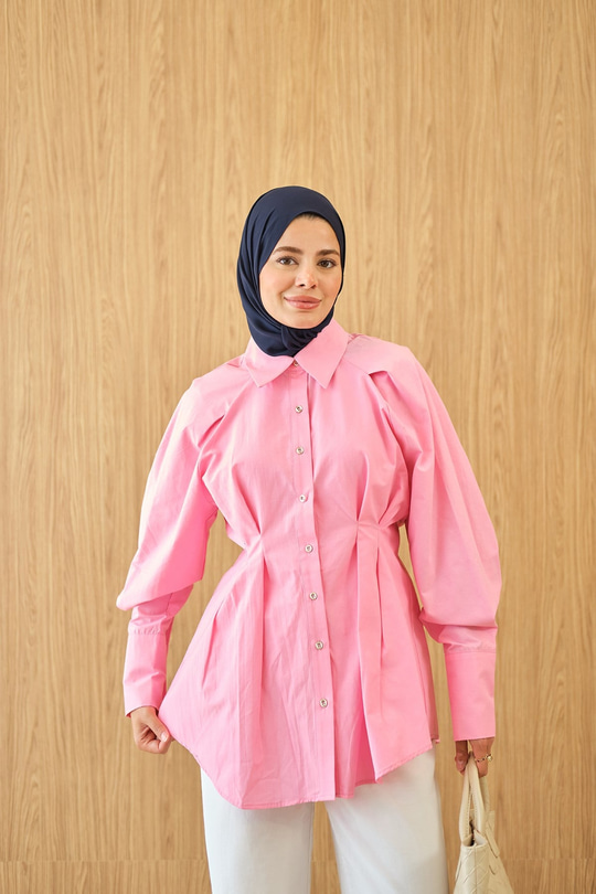 Hafif Büzgülü Poplin Gömlek Pembe