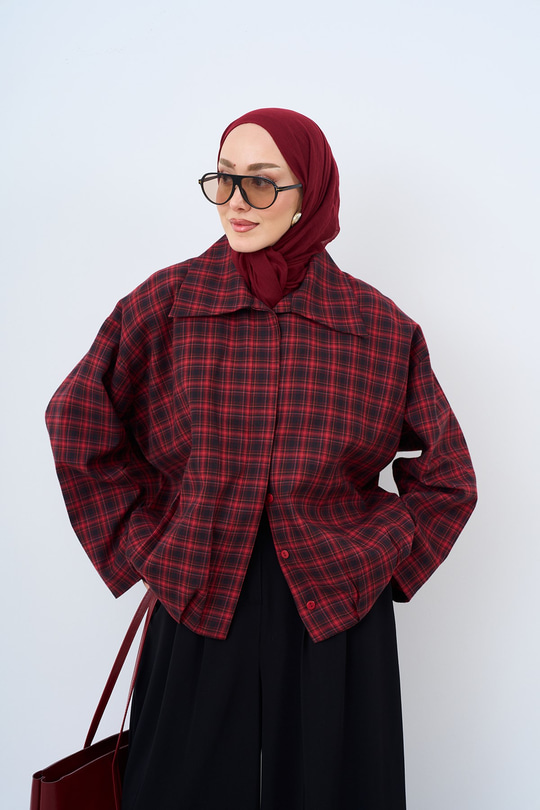 Gizli Düğmeli Gömlek Yaka İç Astarlı Ekose Ceket Kırmızı