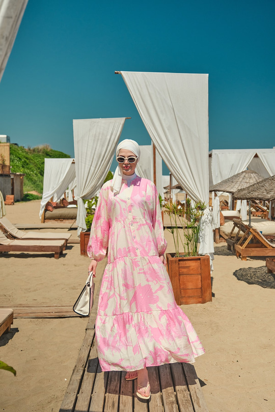 Karışık Desen Elbise Pembe