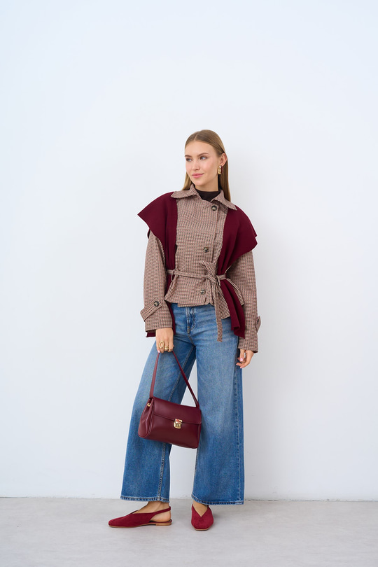 Kaz Ayağı Desen İç Astarlı Belen Kuşak Bağlamalı Ceket Vizon