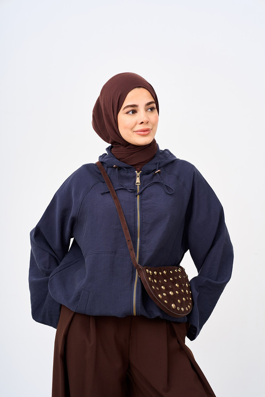 Kapüşonlu Cep Detay Fermuarlı Sweatshirt Lacivert
