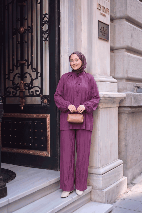 Yaka Bağlamalı Kırışık Takım Mürdüm