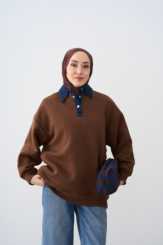 Yakası Kot Detay Sweat Kahverengi
