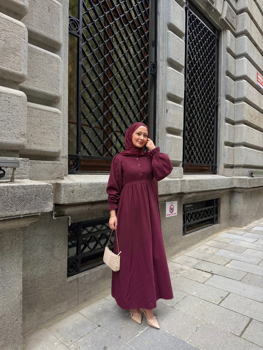 Yan Bağlama Detaylı Sıfır Yaka Elbise Mürdüm