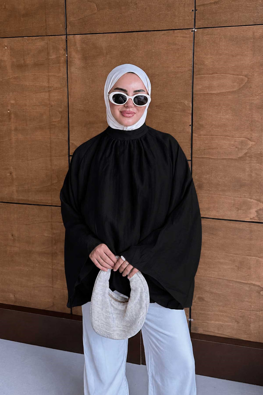 İç Astarlı Geniş Kol Tül Bluz Siyah