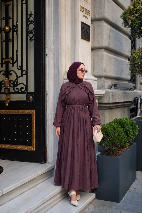 Fırfırlı Tensel Elbise Bordo