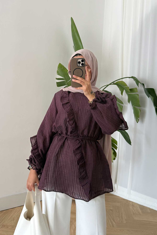 Önü Fırfırlı Ve Bağlama Detay Simli Tül Kumaş Tunik Bordo
