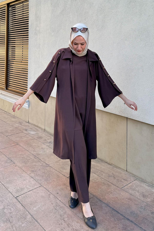 3'lü Gold Düğme Detay Takım Kahverengi