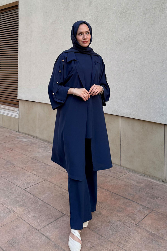 3'lü Gold Düğme Detay Takım Lacivert