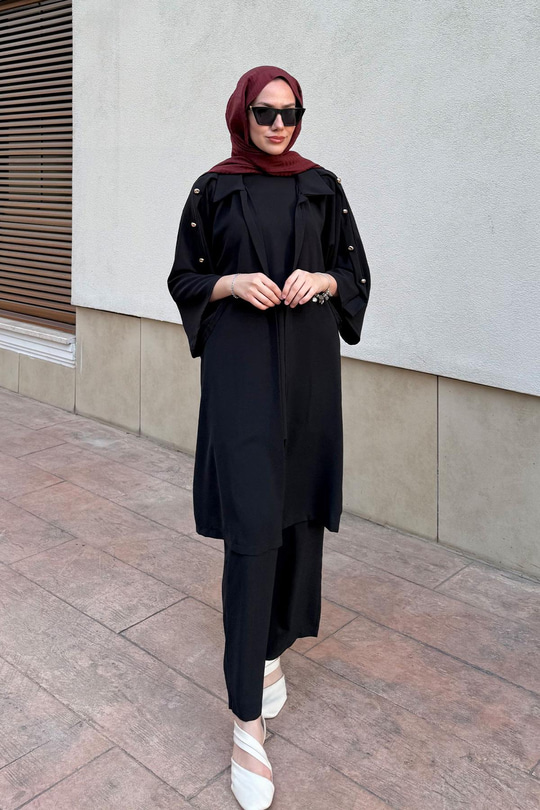 3'lü Gold Düğme Detay Takım Siyah