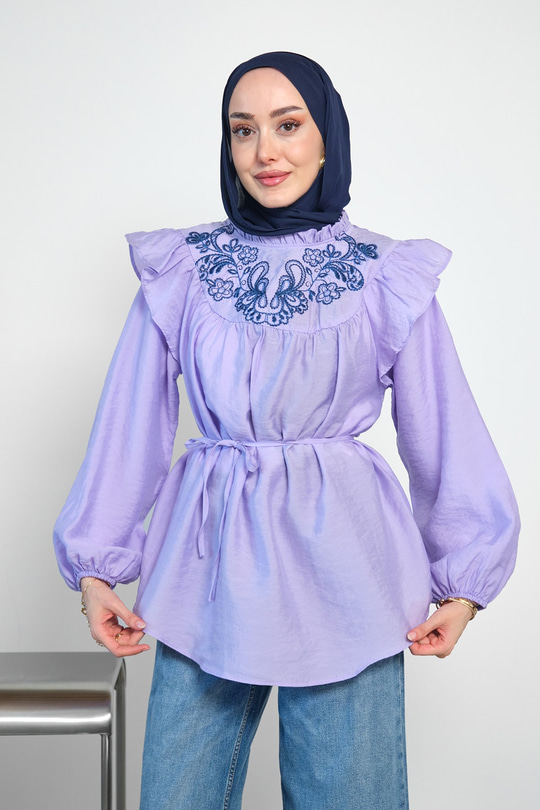 Yaka Fırfırlı Nakış Detay Bel Bağlamalı Bluz Lila