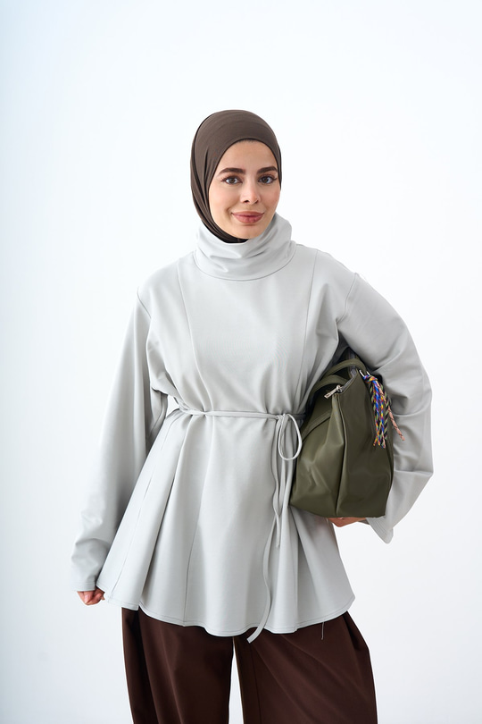 Dik Yaka Biye Detay Tunik Gri