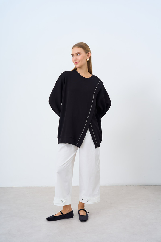 Asimetrik Fermuarlı Oversize Sweatshirt Siyah
