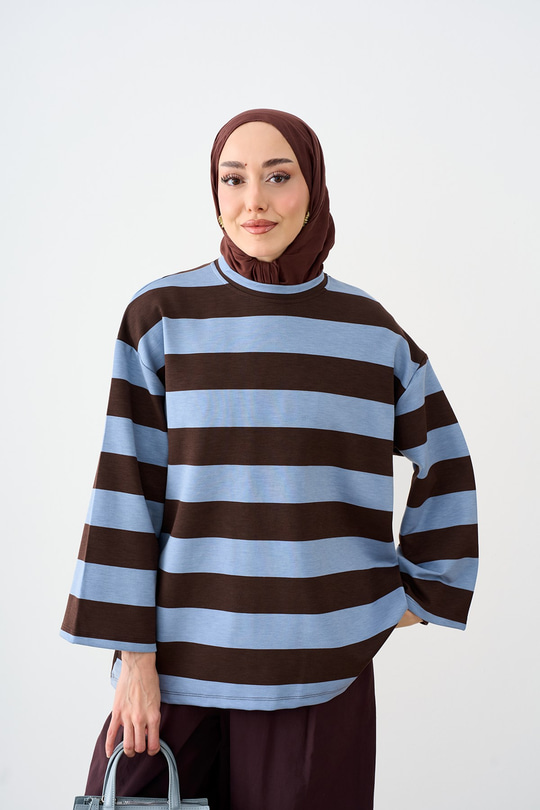 Bisiklet Yaka Çizgili Sweatshirt Mavi