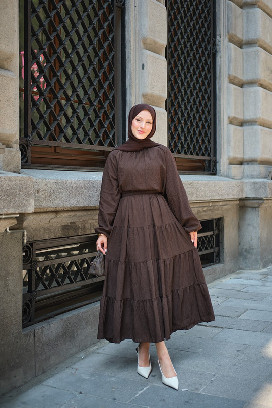 Bilekleri Lastikli Tül Kumaş Takım Kahverengi