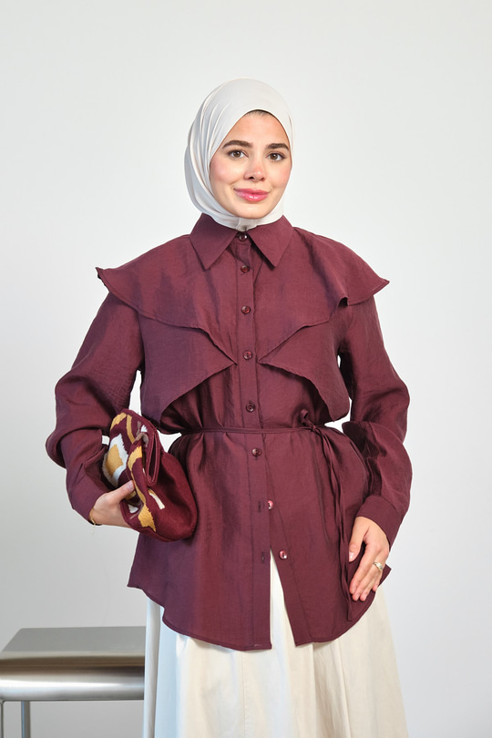 Parça Detaylı Bel Bağlamalı Gömlek Bordo