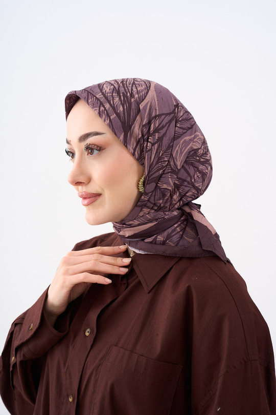 Karışık Yaprak Desen Eşarp Acı Kahve