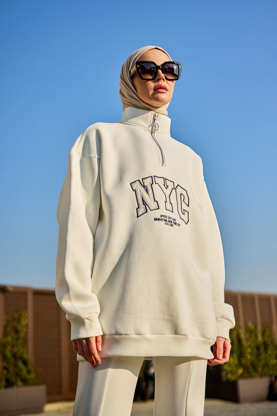 NYC Baskılı Yarım Fermuarlı Sweat Beyaz