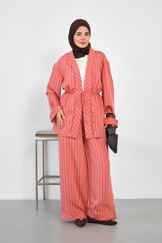 Beli Lastikli Önden Bağlamalı Çizgili Pantolonlu Kimono Takım Turuncu