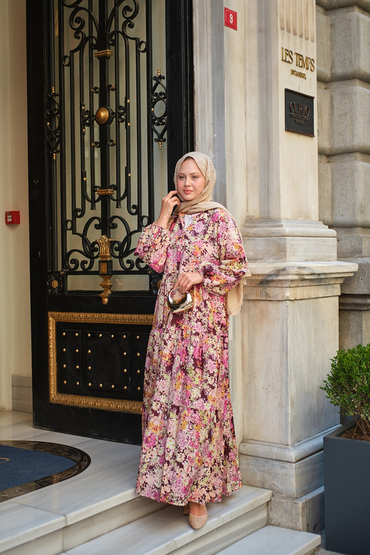 Düğmeli Çiçek Desen Viskon Elbise Pembe