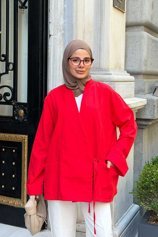 Yandan Bağlama Detaylı Çift Cepli Ceket Kırmızı