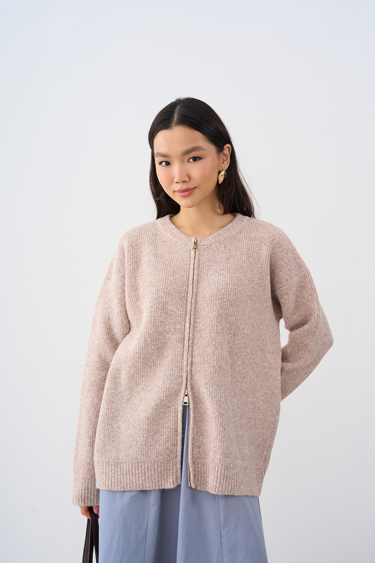 Bisiklet Yaka Fermuarlı Triko Hırka Vizon