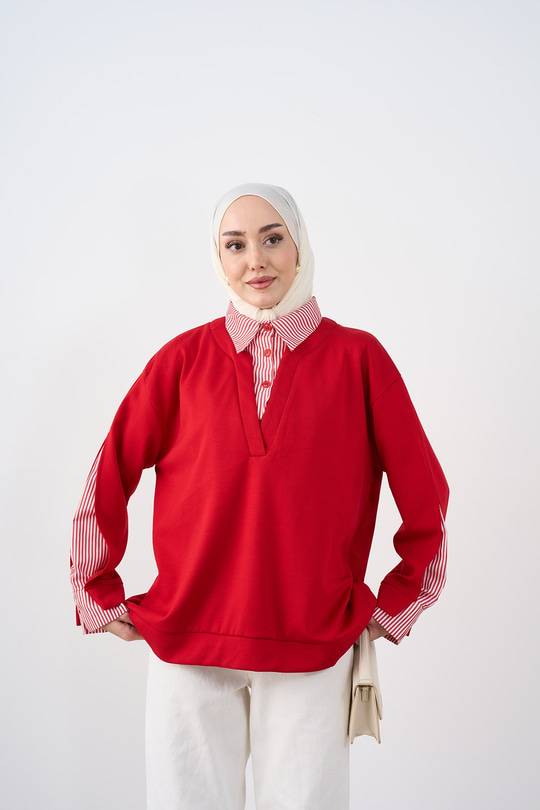 Gömlek Yaka Çizgi Detay Sweatshirt Kırmızı