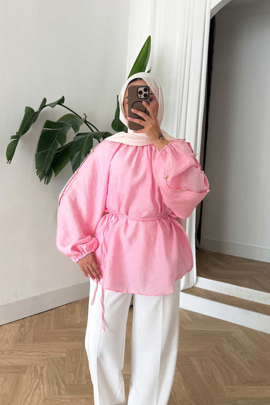 Kolları Düğme Detay Balon Kol Bel Bağlamalı Tunik Pembe