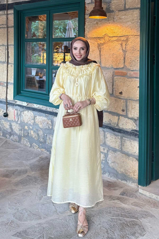 Önü Fırfır Detay Bel Bağlamalı Elbise Sarı