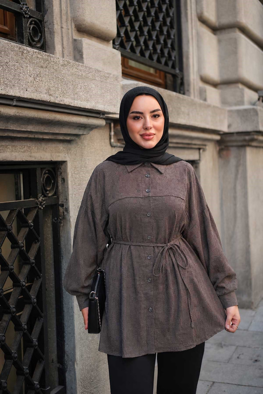 Yaprak Desenli Bel Bağlamalı Gömlek Koyu Vizon