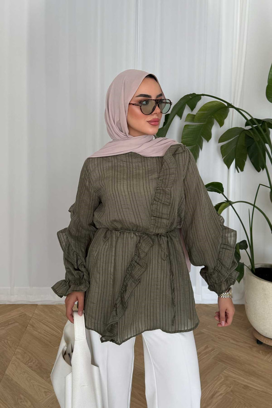 Önü Fırfırlı Ve Bağlama Detay Simli Tül Kumaş Tunik Yeşil