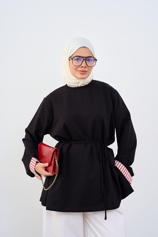 Yaka Ve Kolları Çizgi Garnili Bel Bağlamalı Sweatshirt Siyah