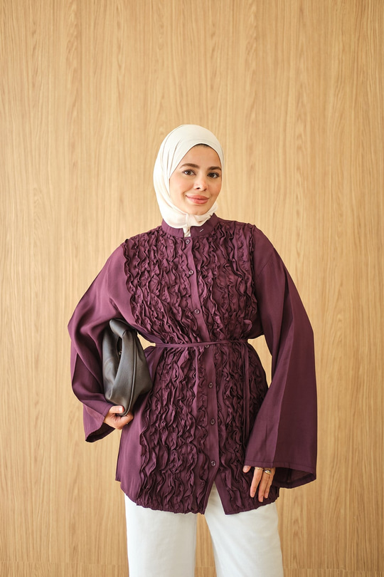 Bel Bağlamalı Önü Fırfırlı Gömlek Mürdüm
