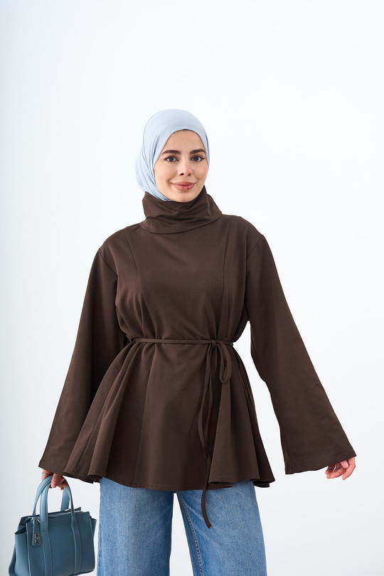 Dik Yaka Biye Detay Tunik Kahverengi