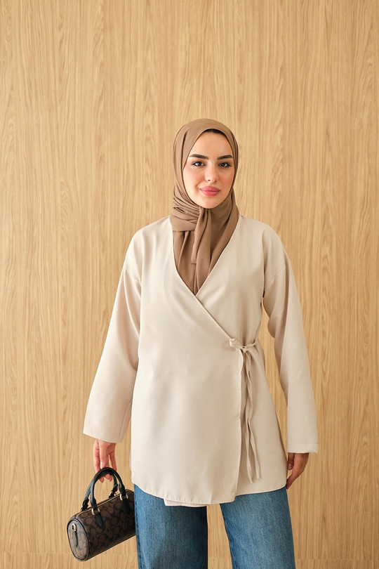 Yan Bağlamalı Kimono Krem
