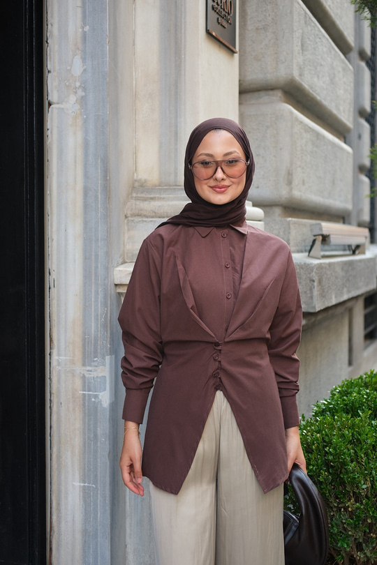 Ön Düğme Detay Beli Bağcıklı Poplin Gömlek Kahverengi