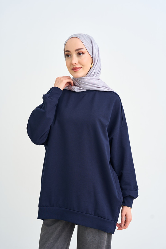 Bisiklet Yaka Oversize Sweatshirt Lacivert