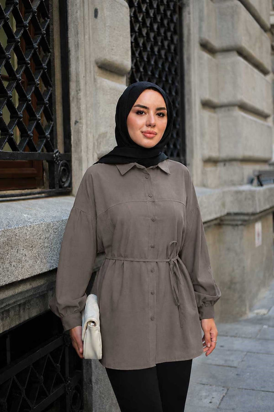 Önü Çimalı Bel Bağlamalı Modal Gömlek Vizon