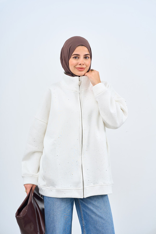 Çift Cepli Simli Fermuarlı Sweatshirt Beyaz