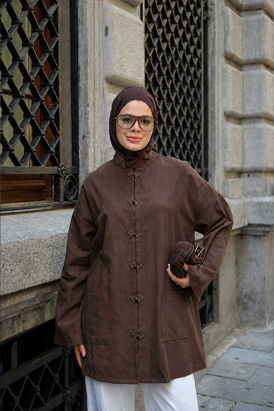 Çift Cepli Kelebek Düğmeli Hırka Kahverengi