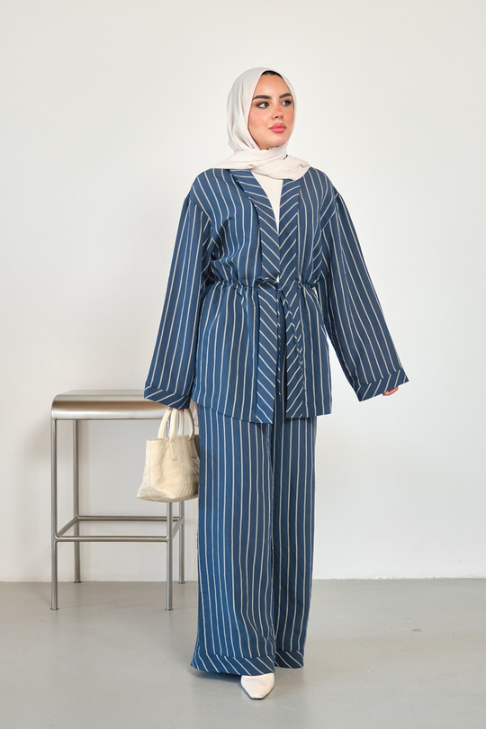 Beli Lastikli Önden Bağlamalı Çizgili Pantolonlu Kimono Takım Lacivert