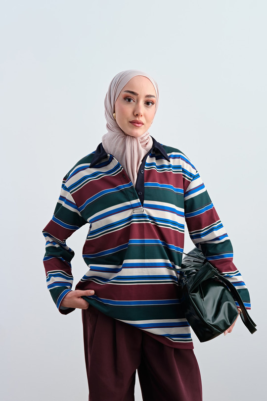 İnce Çizgili Yarım Düğmeli Sweat Yeşil