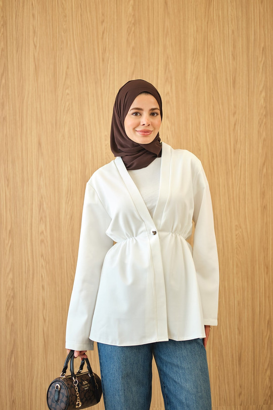 Beli Lastikli Düğme Detay Kimono Beyaz