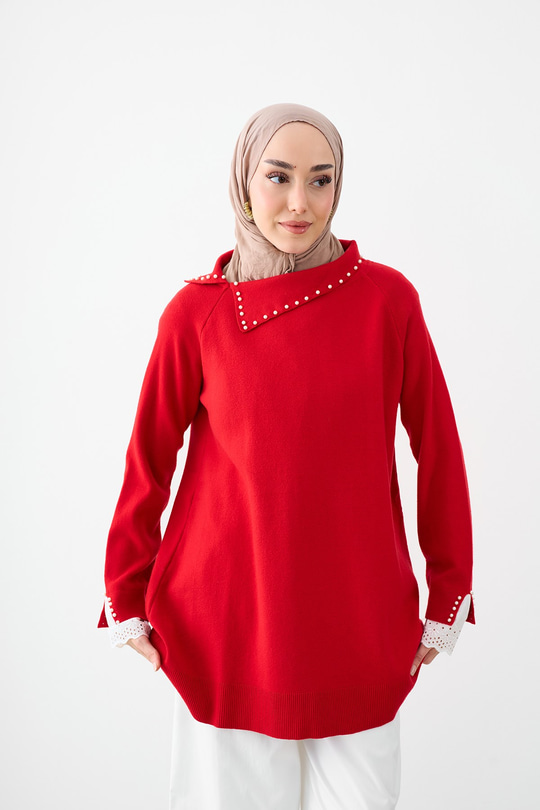 Boncuk Ve Dantel Detaylı Triko Tunik Kırmızı