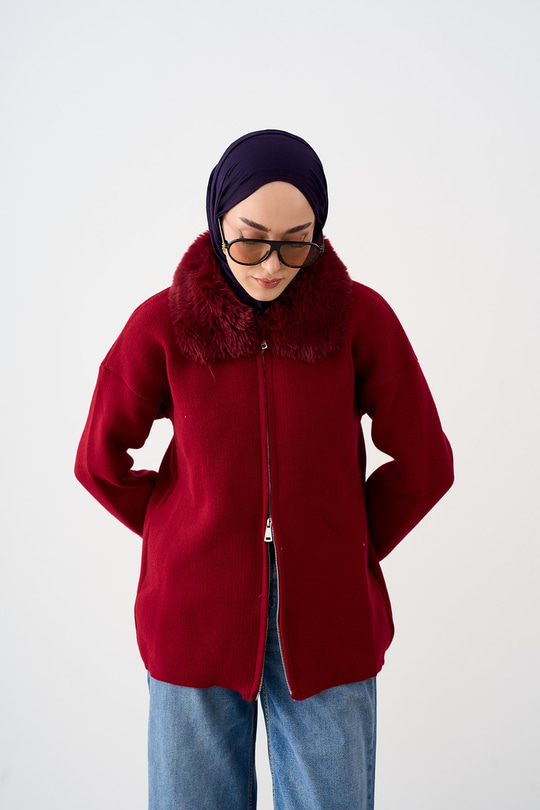 Peluş Yaka Fermuarlı Triko Hırka Bordo