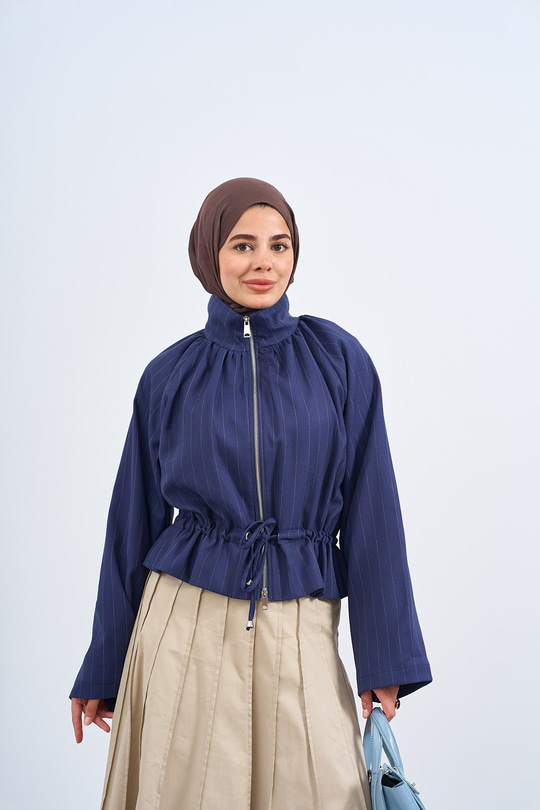 Dik Yaka Beli Ayarlanabilir Çizgili Ceket Lacivert