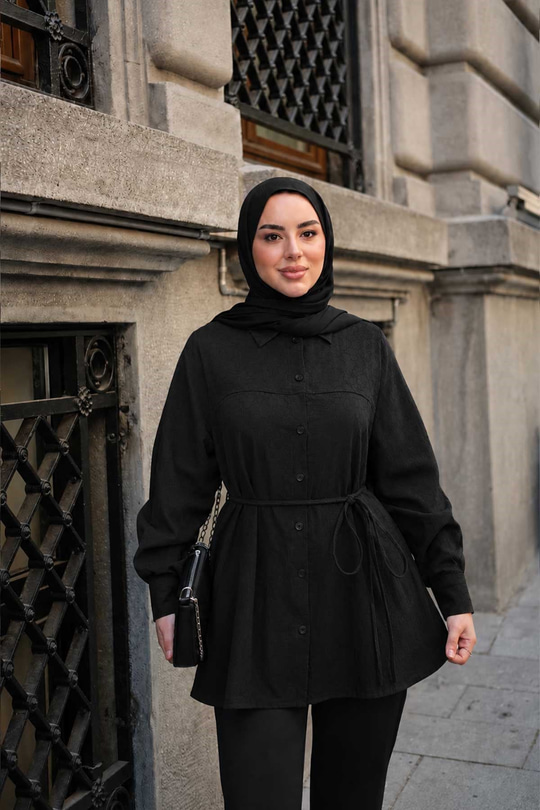 Lotus Çiçek Desen Bel Bağlamalı Gömlek Siyah
